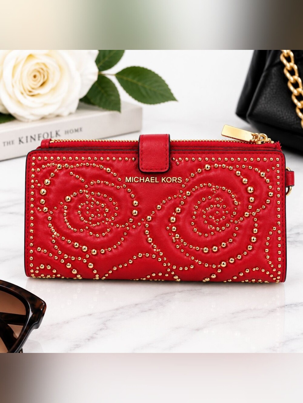 Michael Kors Grab & Go Adele Rose Studded Red Leather Smartphone Wallet Gold